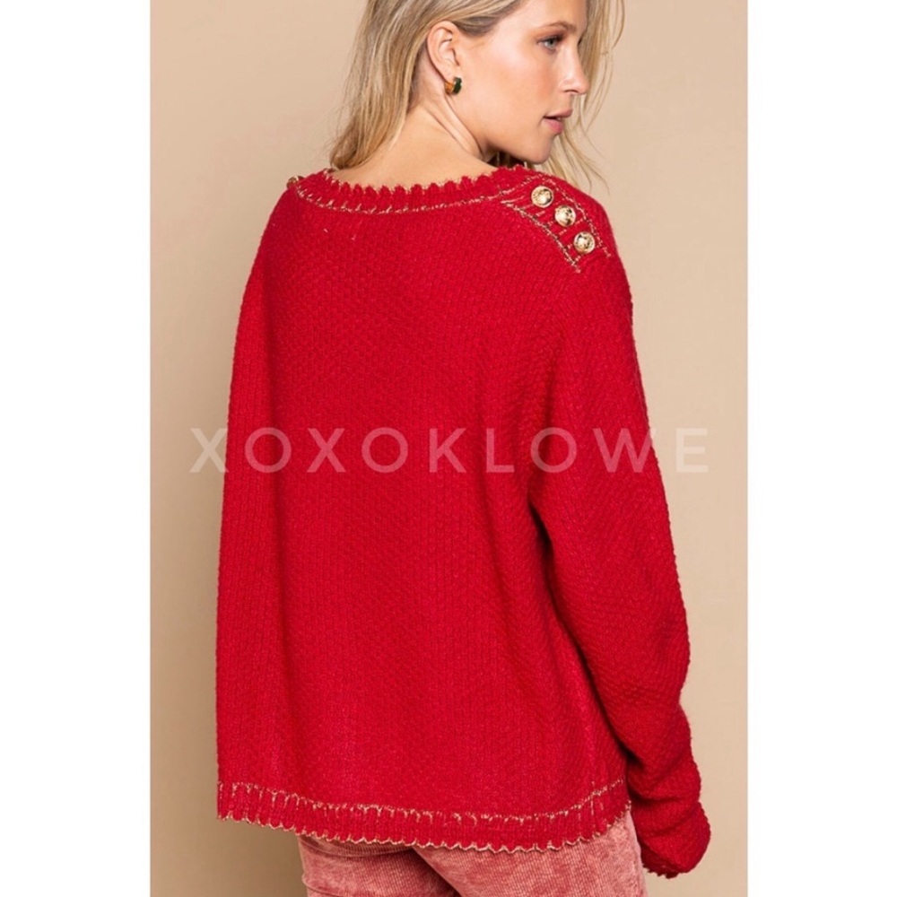 Red Sweater, Button-Front, Statement,  Gold Buttons & Sparkly Gold Trim, NWT, M - Picture 6 of 8